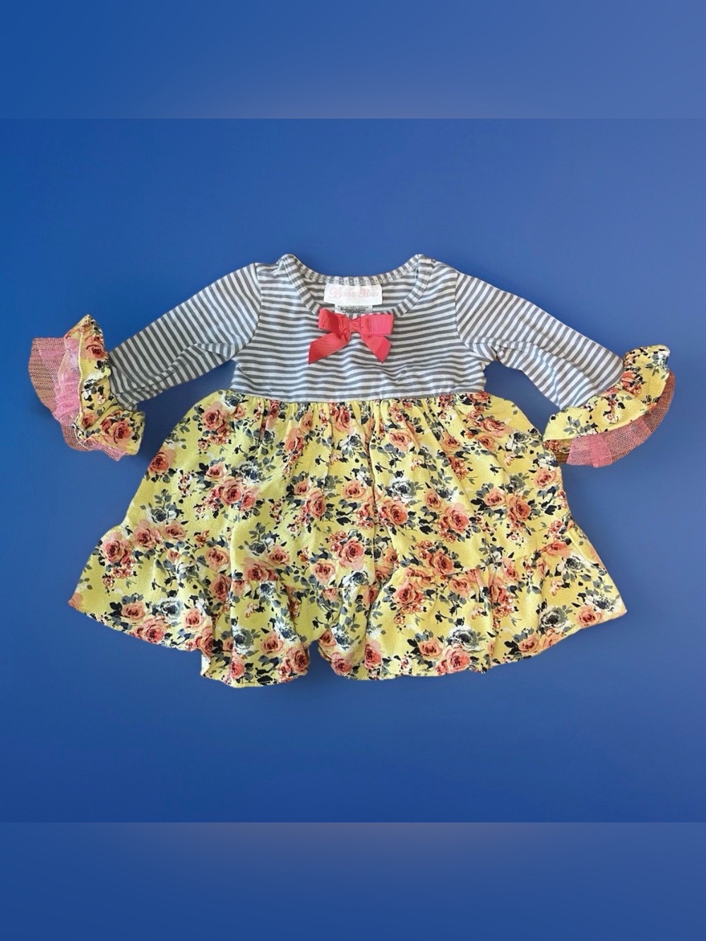 Bonnie Baby Girls Dress 12M Yellow Floral Striped Tiered Bell Sleeve Bow Easter